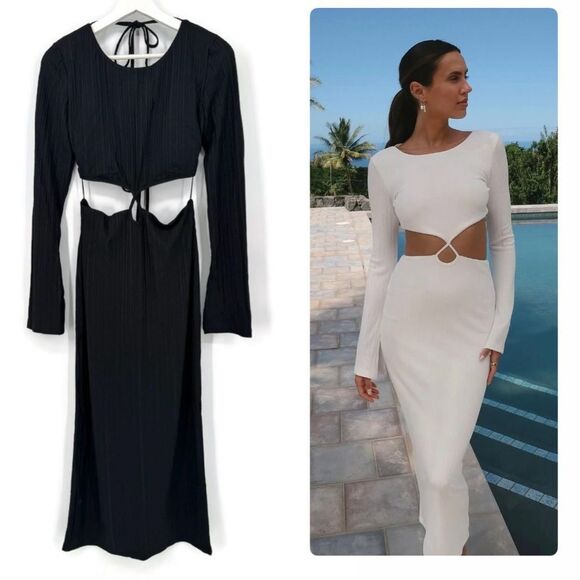 Rumer Oasis Black Ribbed Cut Out Long Sleeve Dress Large NWT - Picture 1 of 12